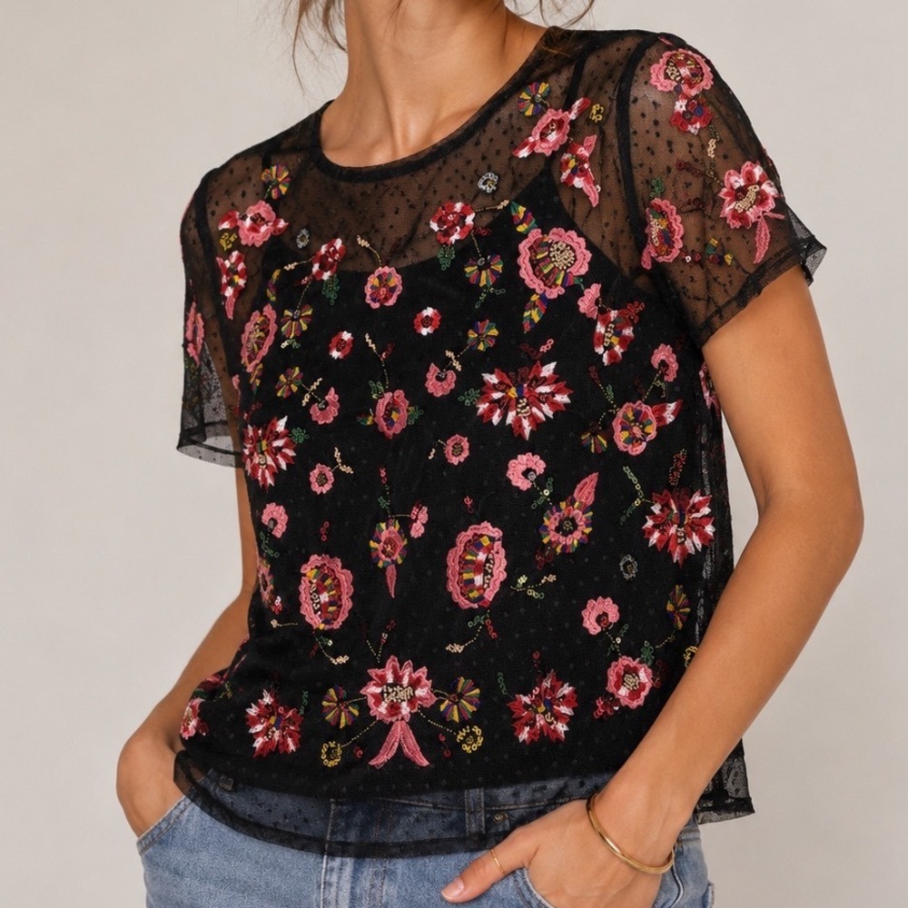 Zara‎ Basic Black Floral Embroidered Mesh Sequin Short Sleeve Blouse Top Medium